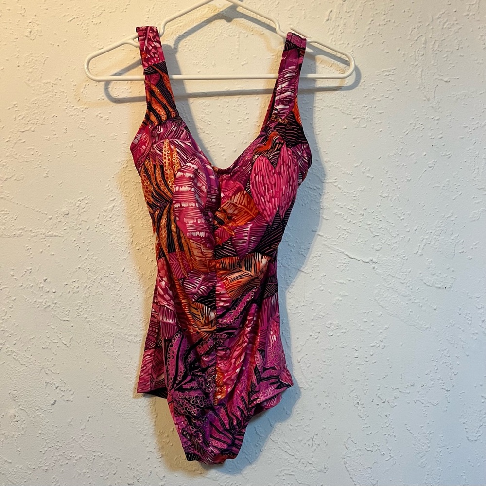 Maxine Of Hollywood Swimsuit Slimming Ruched One Piece Red Gold Pink Black Sz 10